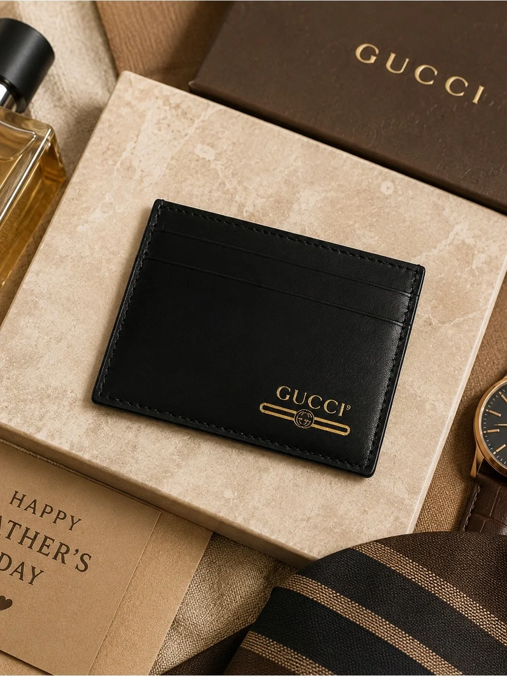 Gucci Black Leather Card Holder Slim Wallet Gold Logo Men’s Unisex